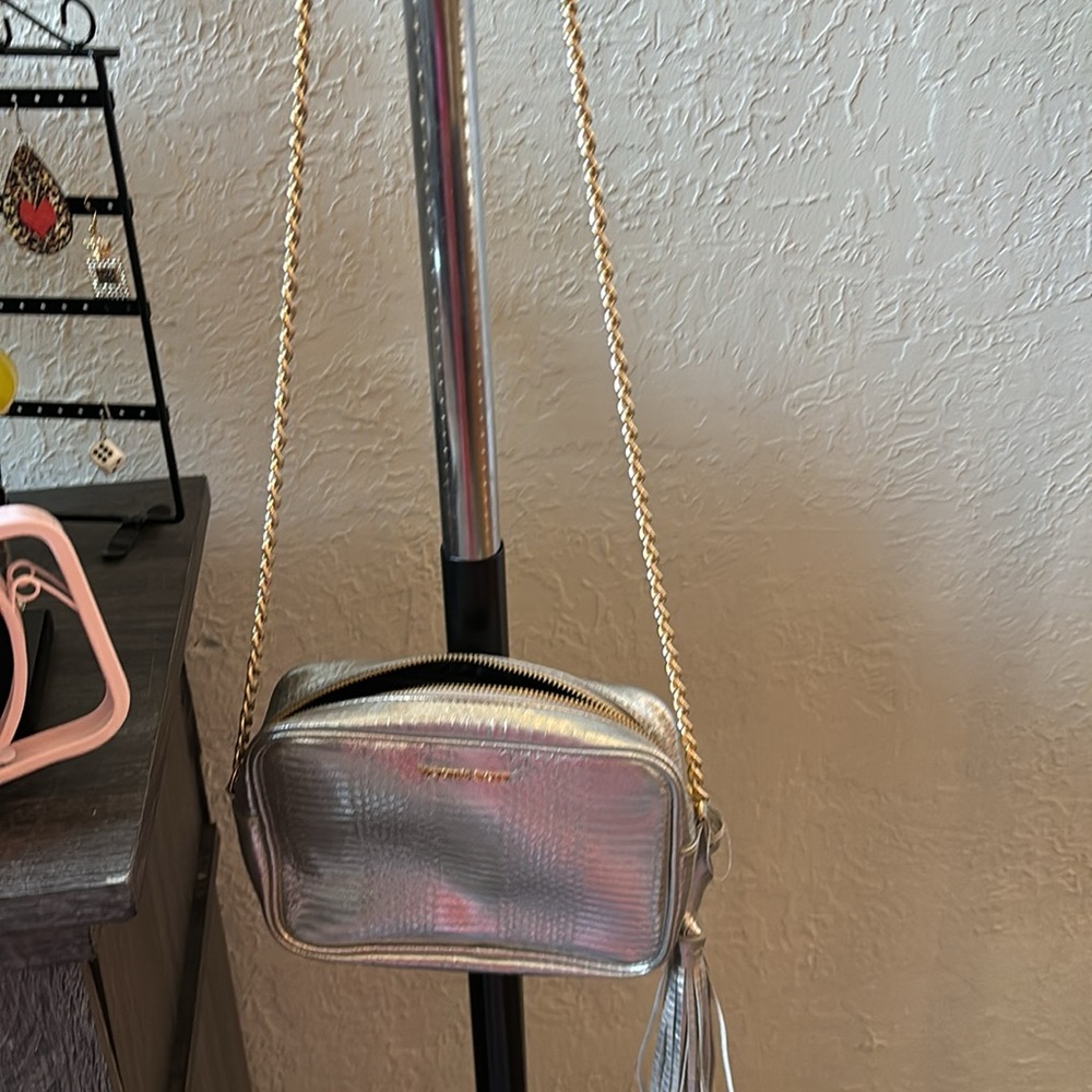 VICTORIAS SECRET SILVER ZIPPERED BAG WITH GOLD  CROSSBODY CHAIN BNWT